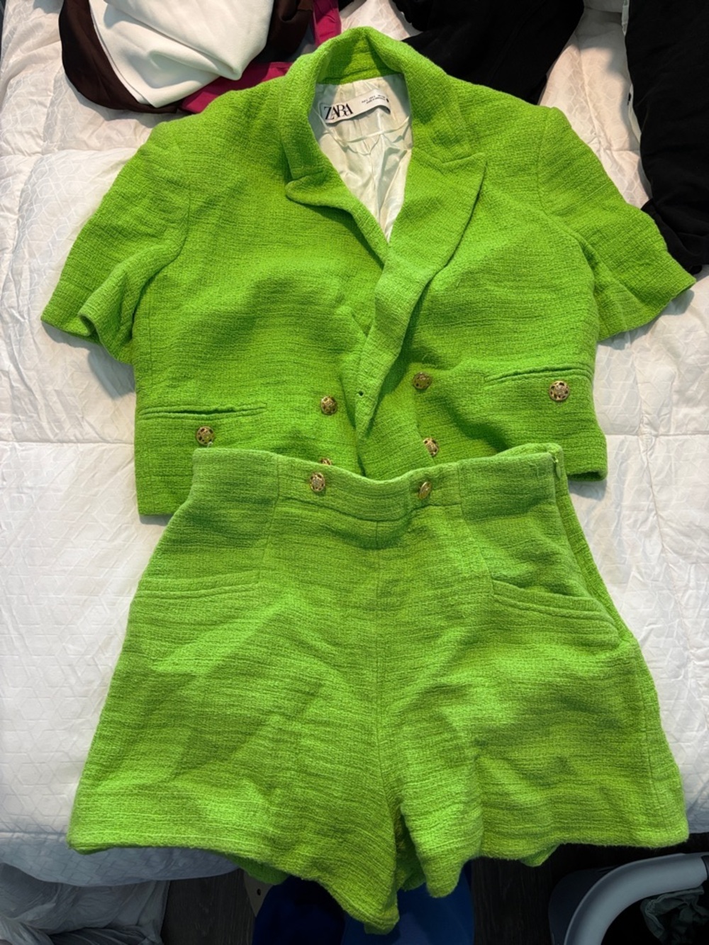 Zara Bright Lime Green Tweed Cropped Blazer & High-Waist Shorts Set